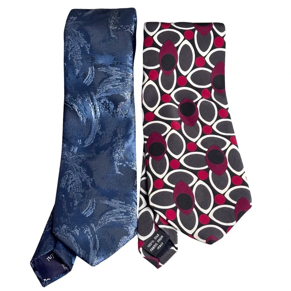 Oleg Cassini Mens Silk Tie Bundle Blue Abstract Floral & Burgundy Geometric 2pk